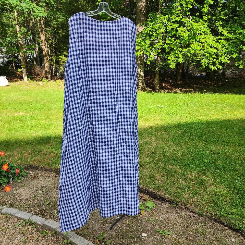 Apuntob Blue & White Linen  Sleeveless Gingham Midi Dress Large - Picture 3 of 15